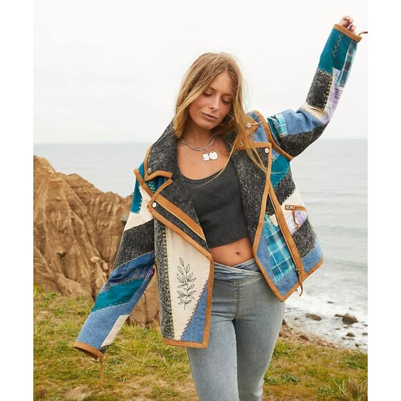 Free People Jackets & Blazers - NEW Free People Leia Denim Suede Patched Moto Jacket Size XS $748 [jb]